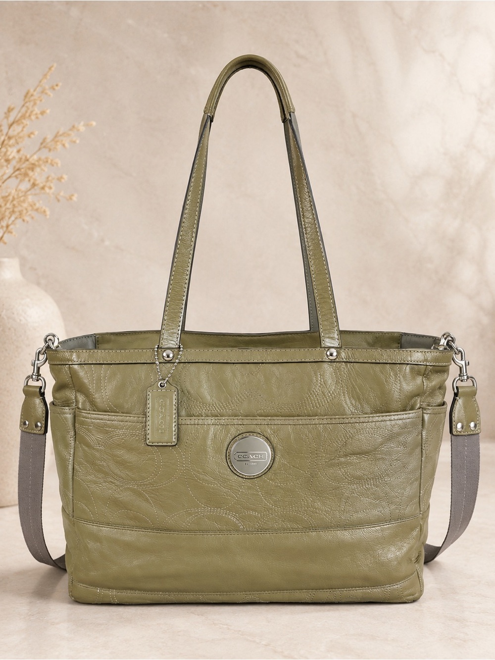 Coach Olive Green Leather Large Tote Shoulder Bag Weekender Travel Diaper Bag